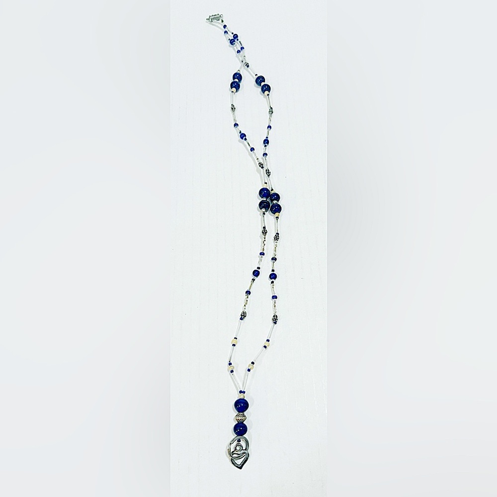 Vintage  Blue and Silver Beaded Card Holder Necklace